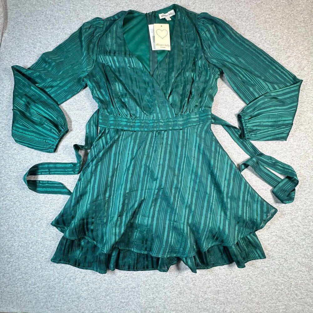 Allison + Kelly Emerald Lurex Stripe Ruffle Boho Mini Dress M NWT Belted